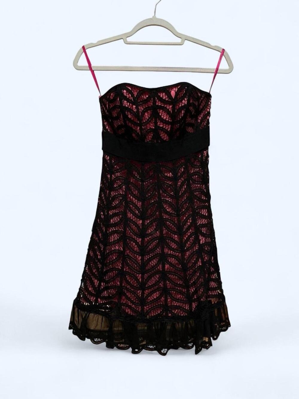 Betsey Johnson Vintage Y2K Silk Lace Strapless Dress Pink Underlay Size 2